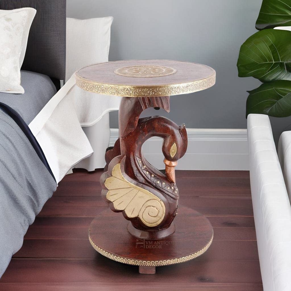 VM Antique Decor Handicraft Table, Furniture Duck Table, Coffee Table, Nightstand Table, Bedside Table, Handmade Round Table (Mango Wood)