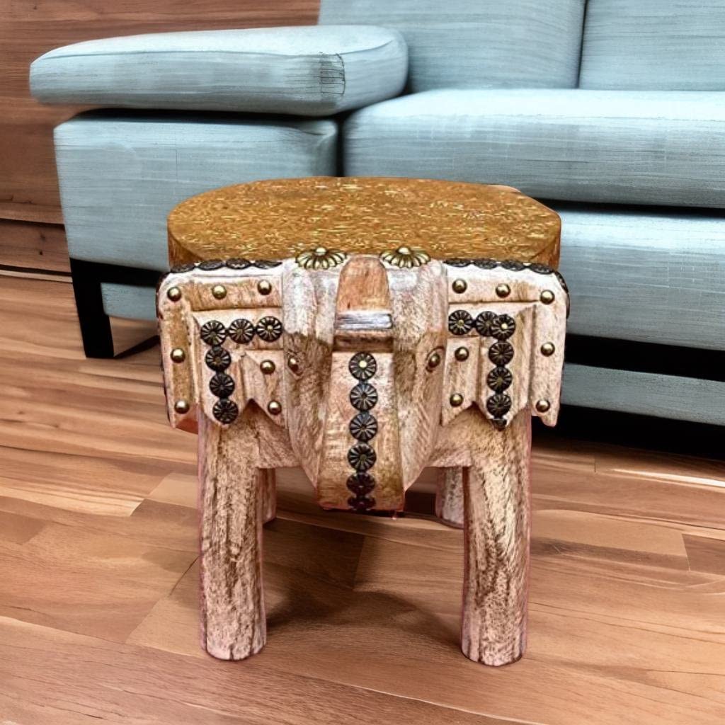 VM ANTIQUE DECOR Handicraft Elephant Coffee-Table,Brass Embossed Wooden Cocktail-Table Cum Bedside Table,Home Living Showpiece Lamp-Table