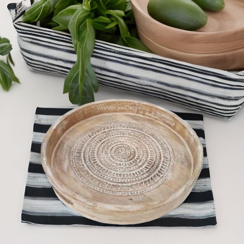 Handicraft Carved Chapati-Offer Tray,Wooden Distressed White Kitchen Decors Tray,Home Living Tray for Hospitality