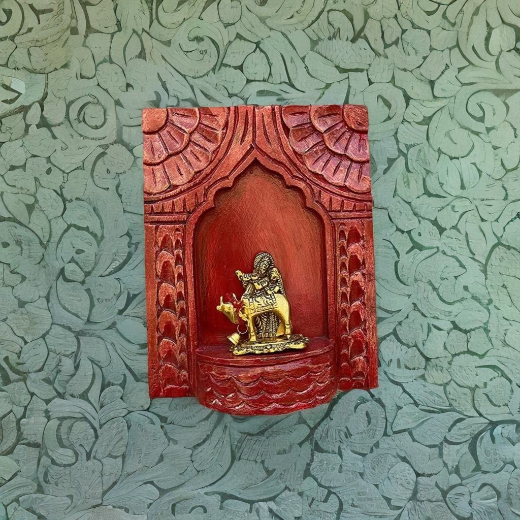 VMAntique Decor Handicraft Carved Red-Background Pooja-Stand Jharokha,God-Statue Stand Wooden Wall-Jharokha,Home Living Pooja-Room Decors Jharokha