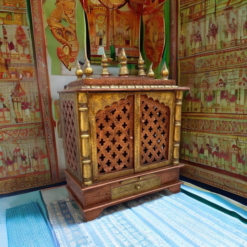 VMAntique Decor Handicraft Golden Wall-Temple, Wooden Drawer-Temple, Carved Gumbad Pooja Temple, Wall Hanging Office-Home Temple