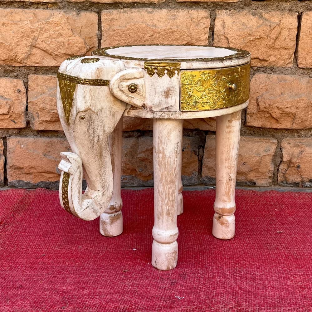 VMAntique Decor Handicraft Night-Lamp Table, Drawing Room Decors Coffee Table, Brass Embossed Wooden Desk-Table, Luxury Elephant Design Cocktail Table