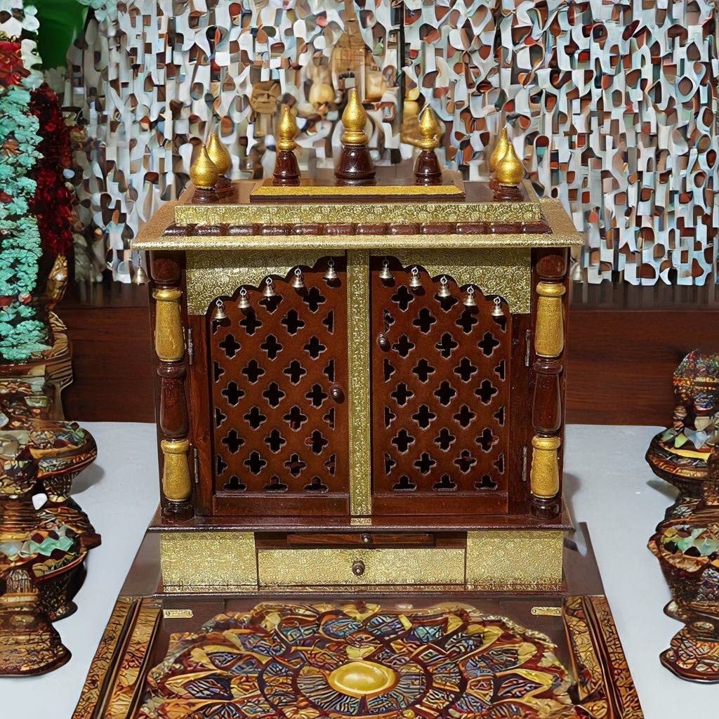 VMAntique Decor Handicraft House-Warming Wall-Temple, Brass-Embossed Wooden Temple, Pooja-Room Desk-Temple, Sound-Bells Home-Temple