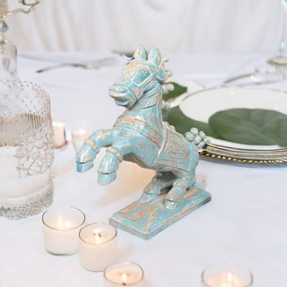 Vm Antique Decor Handicraft Table Decors Running Horse-Statue,Distressed-Blue Wooden Showpiece Horse-Statue,Home Living Horse-Statue for Decoration|38x10x42 cm,38x8x31 Cm