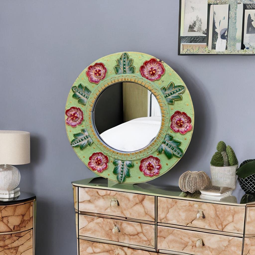 VMAntique Decor Wooden Carved Handicraft Carved Wall-Mirror,Off-White Wooden Wall-Mirror, Home Living Round Wall-Mirror