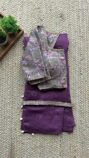 Buy Aynaa Purple Marble Silk Saree with Unstitched Blouse online