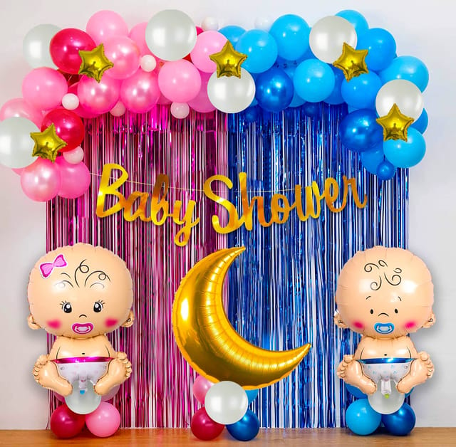 SkyWins Baby Shower Celebration Kit : Combo Set with Foil Baby Shower  Banner, Latex Balloons,Backdrop Foil Curtains ,Baby Foil Balloons (Pack of  61 )