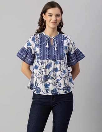 Moomaya Women's Printed Cotton Blouse, Boho Top, Short Sleeves Summer Top