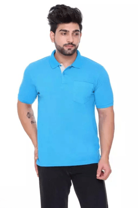 Men Solid Polo Neck Poly Cotton Blue T-Shirt