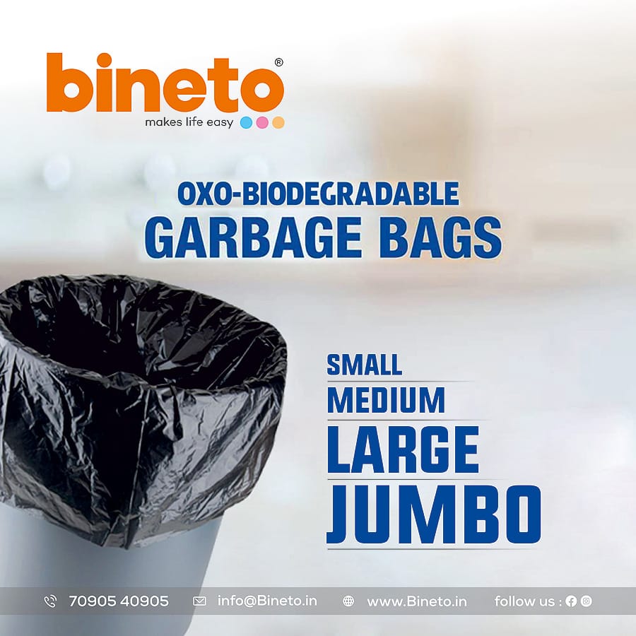 Bineto Oxo-Biodegradable Garbage Bag | 19 inch x 21 inch Medium Size | Ecofriendly Garbage Bag | 30 Bags in each roll | Earth & environment Safe garbage Bag | Sell price Rs. 18.00 to 49.00 ( Qunatity based) incl GST.