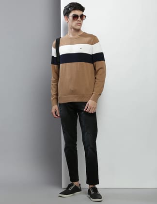 Men Light Brown Crew Neck Striped Cotton Full Sleeves Shirt