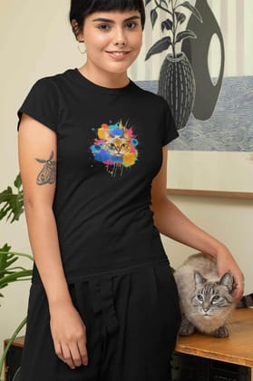 Round Neck T-Shirt (Women) - Splishy Splashy Cat (16 Colours)