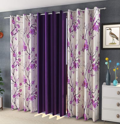 HOMECROWN Premium Polyester Fabric 7 Feet Flower Design Door Curtains Floral and Plain -Modern Silk Look parde for Home, Living Room, Bedroom, Offices (7 x 4 Feet, Purple) - Set of 3 Pc