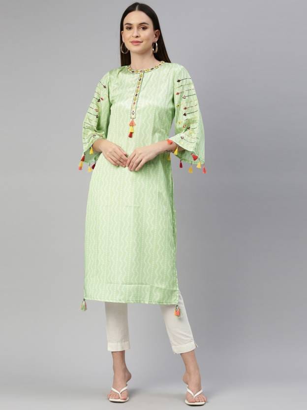 Women Bandhani Crepe Straight Kurta  (Light Green)