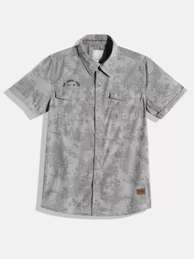 Men Light Grey Printed Slim Fit Casual Shirt