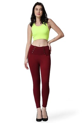 Maya Boutique Women Mid Rise Ribbed Warm Leggings-Red