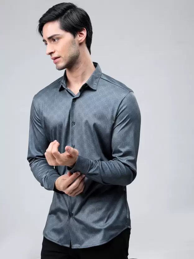 Men Light Grey Printed Slim Fit Casual Shirt