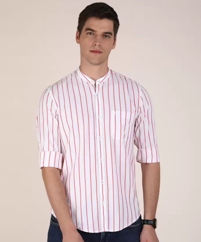 Men's pink & White 100% Cotton Slim Fit Striped Semi Casual Shirt