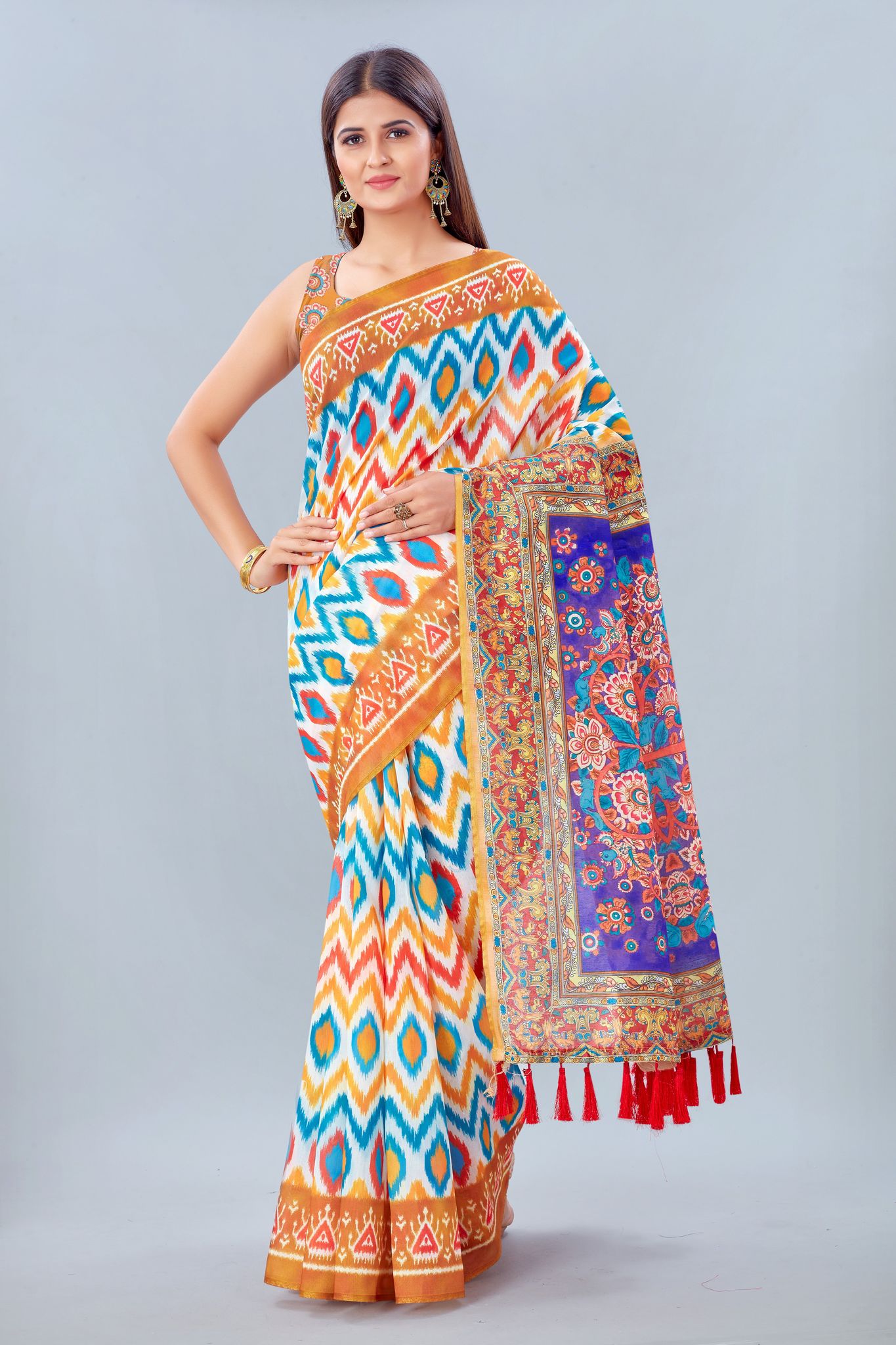 Women's Pure Cotton Ikkat Digital Print Multicolor Saree