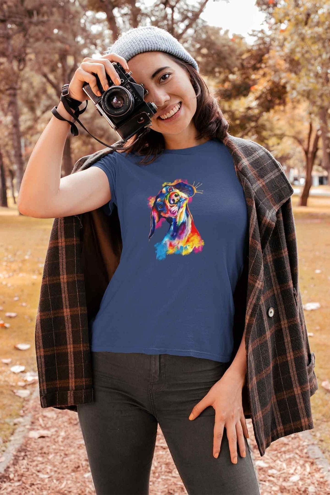 Round Neck T-Shirt (Women) - Tilted Head Rainbow Dog (16 Colours)