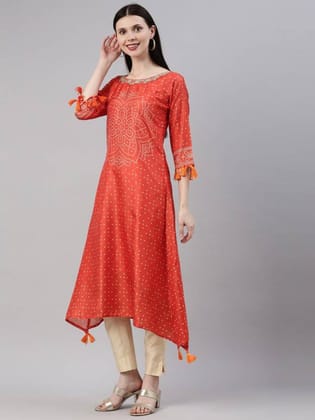 Women Bandhani Pure Silk Straight Kurta  (Orange)