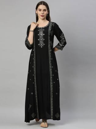 Women Printed Satin A-line Kurta  (Black)