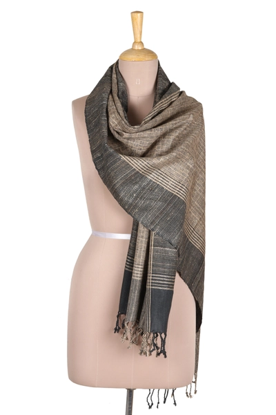 Patterned Grey Shawl Hand-woven from silk