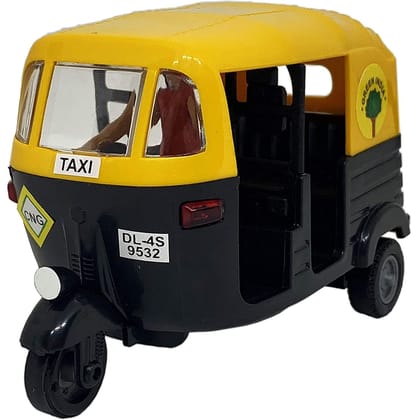 Mehtab Pull Back Plastic Auto Rickshaw Toy|Mini Auto Vehicle Toy Perfect for Kids Fun (Pack of 1, Black & Yellow)