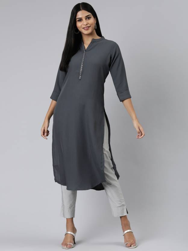 Women Solid Viscose Rayon Straight Kurta  (Grey)