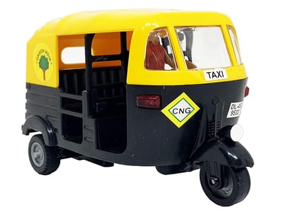 Mehtab Pull Back Plastic Auto Rickshaw Toy|Mini Auto Vehicle Perfect for Kids Fun (Pack of 1, Black & Yellow)