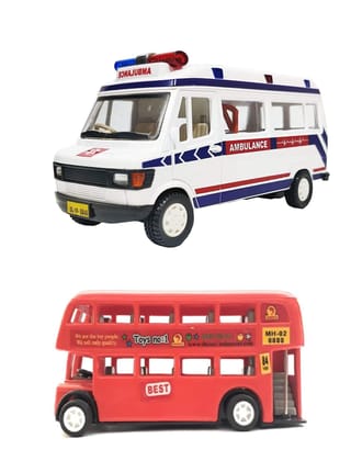 Combo Toys of Double Decker Bus (Mini, Small Size) and Ambulance Toy for Kids | Pull Back and Go | Openable Doors | Red and White Color | Set of 2 Toys