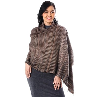 Striped Silk and Cotton Blend Shawl in Brown