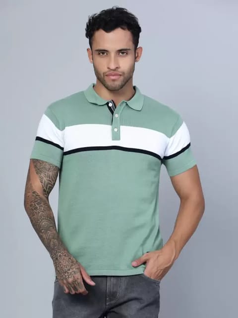 Men White Stripe Polo Neck T-shirt