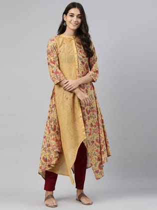 Women Floral Print Cotton Blend Asymmetric Kurta  (Yellow)