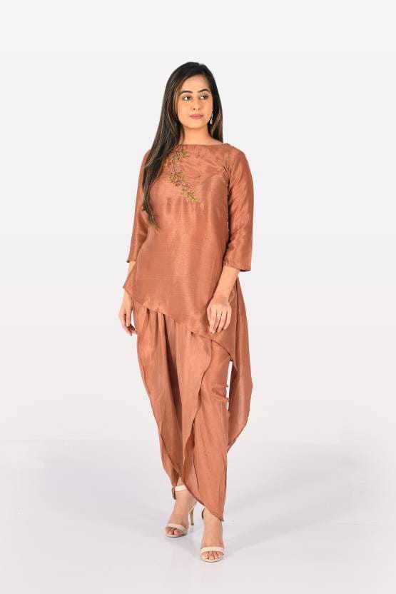 Women Embroidered Silk Blend Straight Kurta  (Brown)