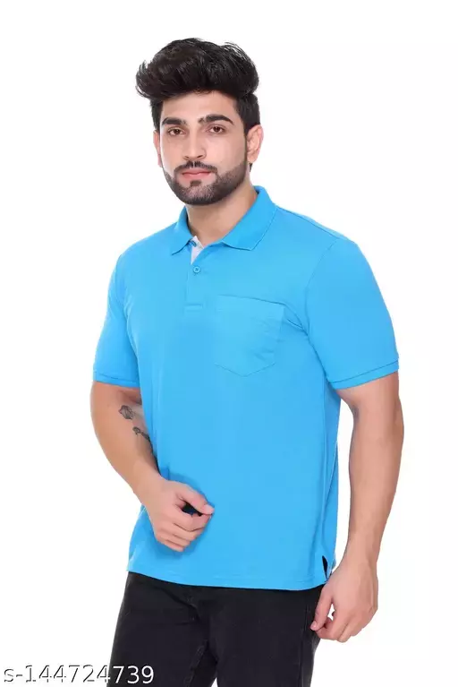 Men Solid Collar Pure Cotton  T-Shirt (Sky Blue)