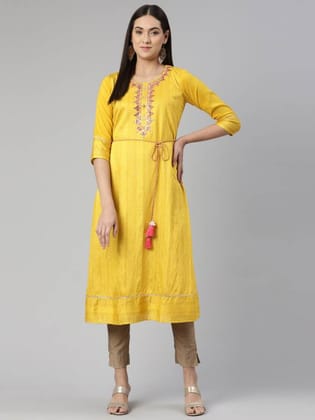 Women Solid Cotton Blend A-line Kurta  (Yellow)