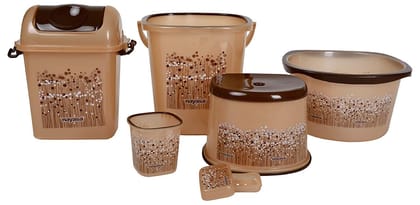 Nayasa Funk Bathroom Set 6-Pieces - Bucket (25 litres) with Mug (1.5 litres),Basin (20 litres),Dustbin (14 litres), Stool & Soap Case,Brown| Bathroom Accessory Set(Plastic)