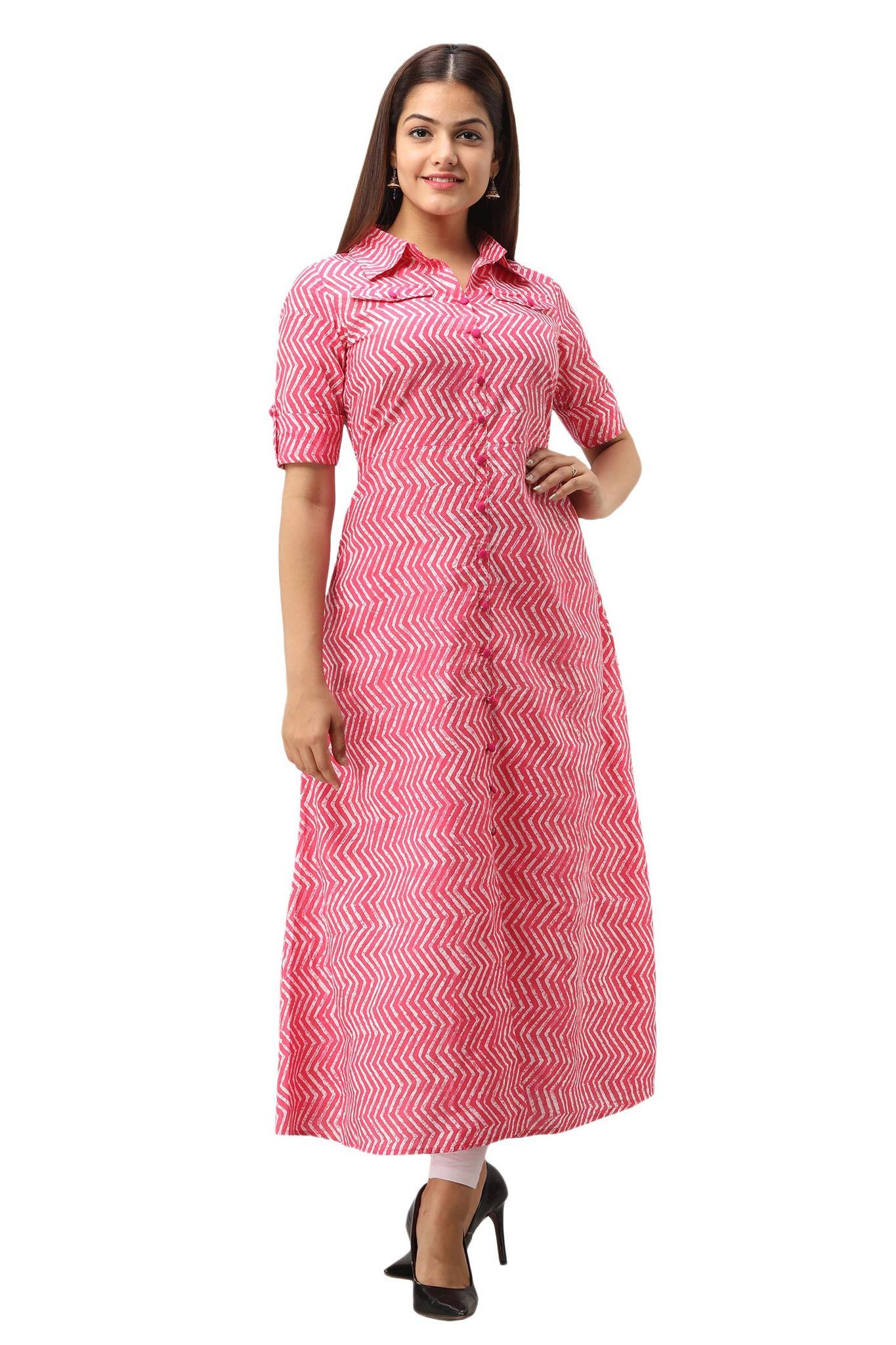 JAIPURETHNICWEAVES Women's Cotton Zig Zag Printed A-Line Kurta (Pink)