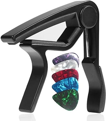 Mocking Bird Guitar Capo Quick Change Capotastos with 5 Picks One Handed Trigger Meta Alloy Guita Capo with Silicone Pad for Acoustic Electric Bass Banjo Mandolin Classical Guitar