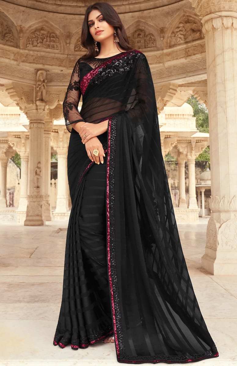 Solid Plain Bollywood Chiffon Saree Black