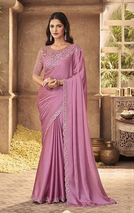 Women's Pink Silk Net Embroidered Heavy Border Bollywood Designer Saree With Unstitched Designer Blouse Piece ( Pink)