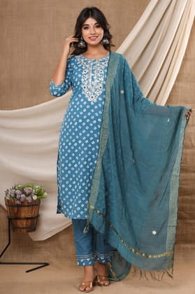 Women wear Cotton Straight Kurti set with Pant and Dupatta