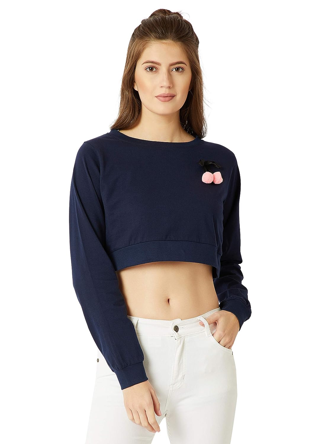 Women's Navy Blue Cotton Pom-pom Crop Top