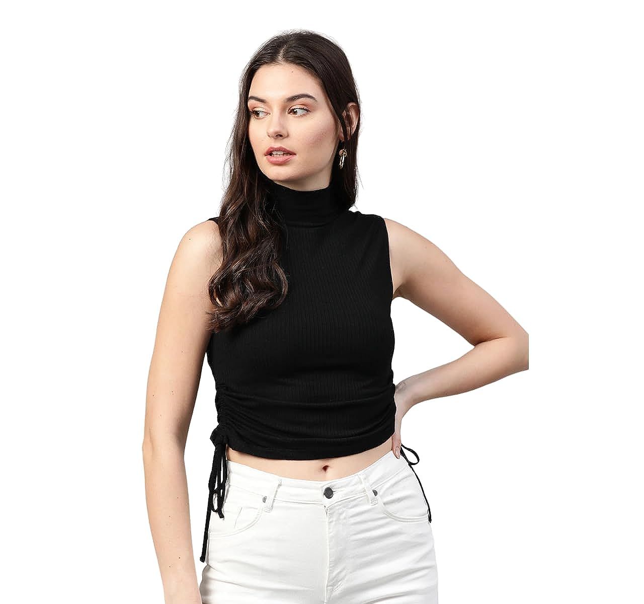 Women Designer American V Neck Fitted Crop TOP Stretchable (Black)