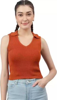 Striped Spread-Collar Tank Top (Orange)