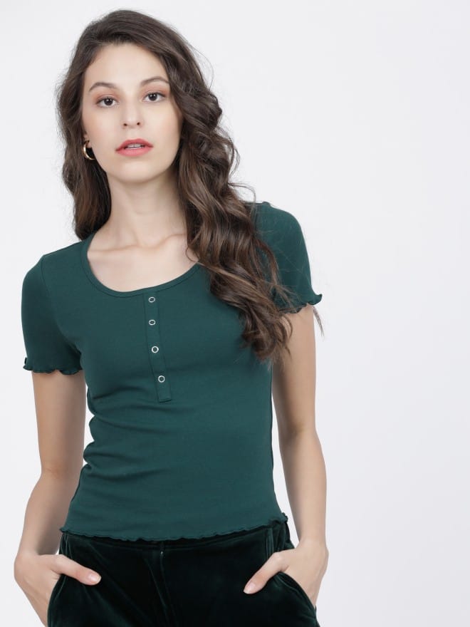 Women Green Knited Solid Top