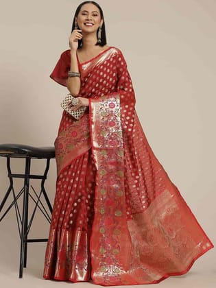 Women's Red Gold Toned Kanjiwaram Woven Silk Saree with unstiched blouse piece