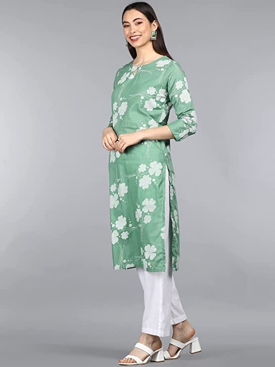 Women's Floral Print Straight Cotton Kurta with Keyhole Neck Women Kurtis