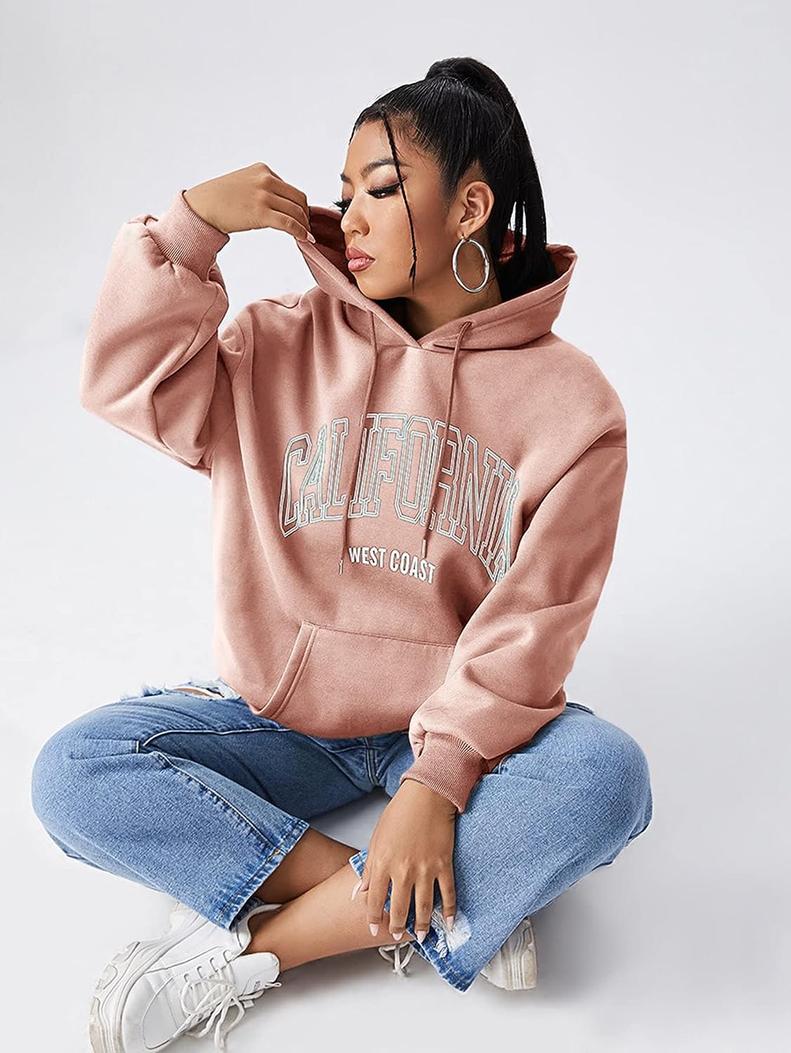 Women's Oversized Sweatshirt Plus Letter Graphic Kangaroo Pocket Drawstring Hoodie